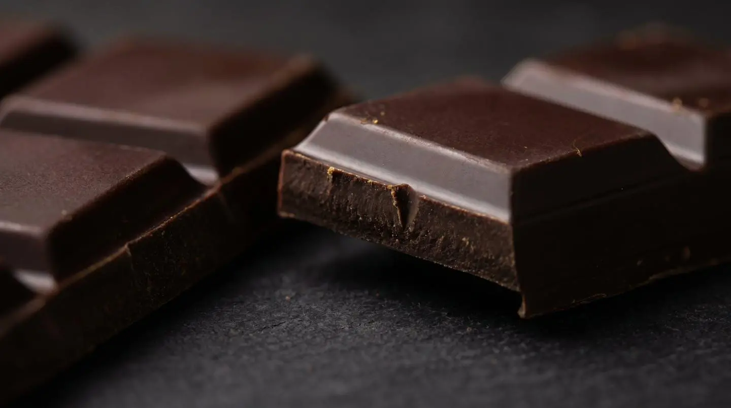 Gros plan sur la cassure d'une tablette de chocolat noir de qualité