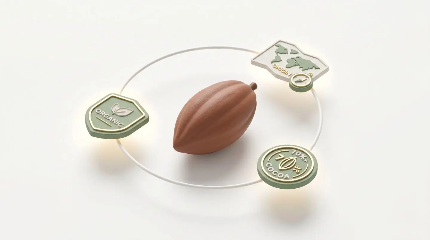 Illustration isométrique d'une fève de cacao avec les indicateurs de qualité