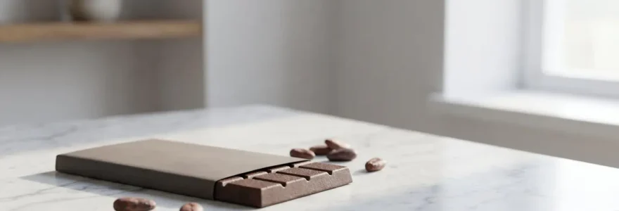 Tablette de chocolat noir premium reposant sur une surface en marbre, symbolisant l'élégance et la qualité